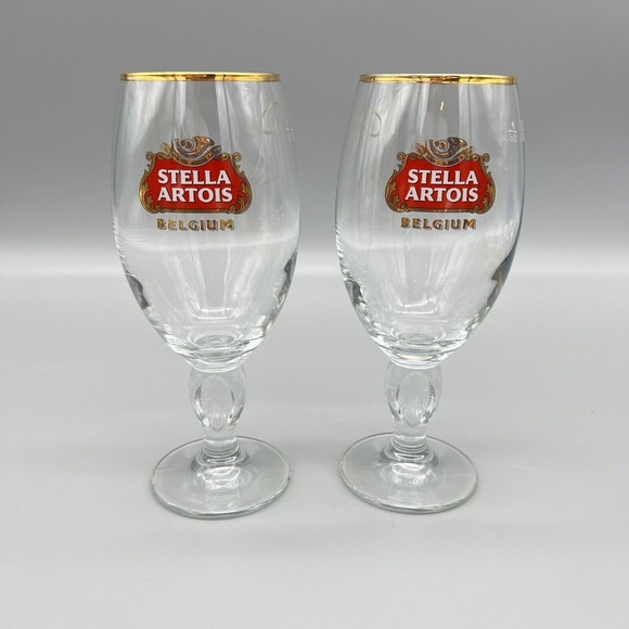 Stella Artois Chalice Beer Glasses Gold Rim 33cl Set of 2 EUC Fathers Day Gift - Picture 1 of 11